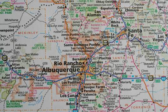 Close-up view of a map of Albuquerque, New Mexico from a road atlas.