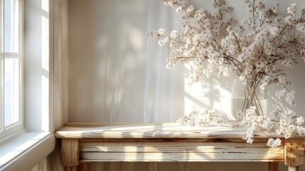 A beautiful vase filled with fresh spring  white flowers sits gracefully on a wooden table near window sill, basking in the soft natural light