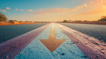 A straight road with an arrow painted on it leading to the horizon, symbolizing goal setting and achievement Generative AI