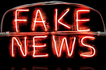 A vibrant neon sign spelling out fake news stands out against a pitch-black backdrop, embodying the spread of misinformation and deceit in the modern world