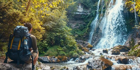 A backpacker taking a break to admire a waterfall along a hiking trail. 
