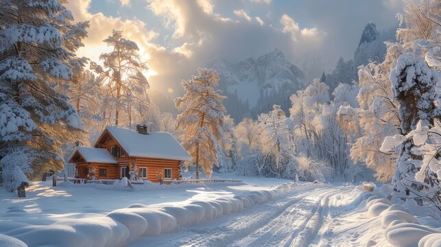 Winter Wonderland: A snowy landscape with a cozy cabin and snow-covered trees, portraying the enchantment of winter travel.