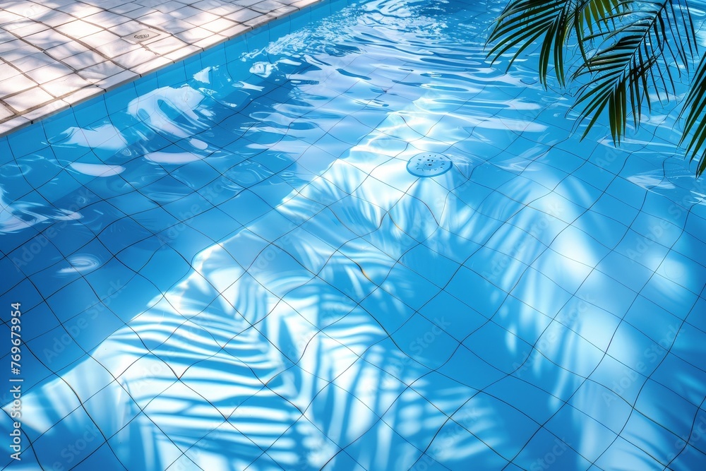 Poster a majestic palm tree gracefully casts a shadow onto a shimmering swimming pool, creating a serene an