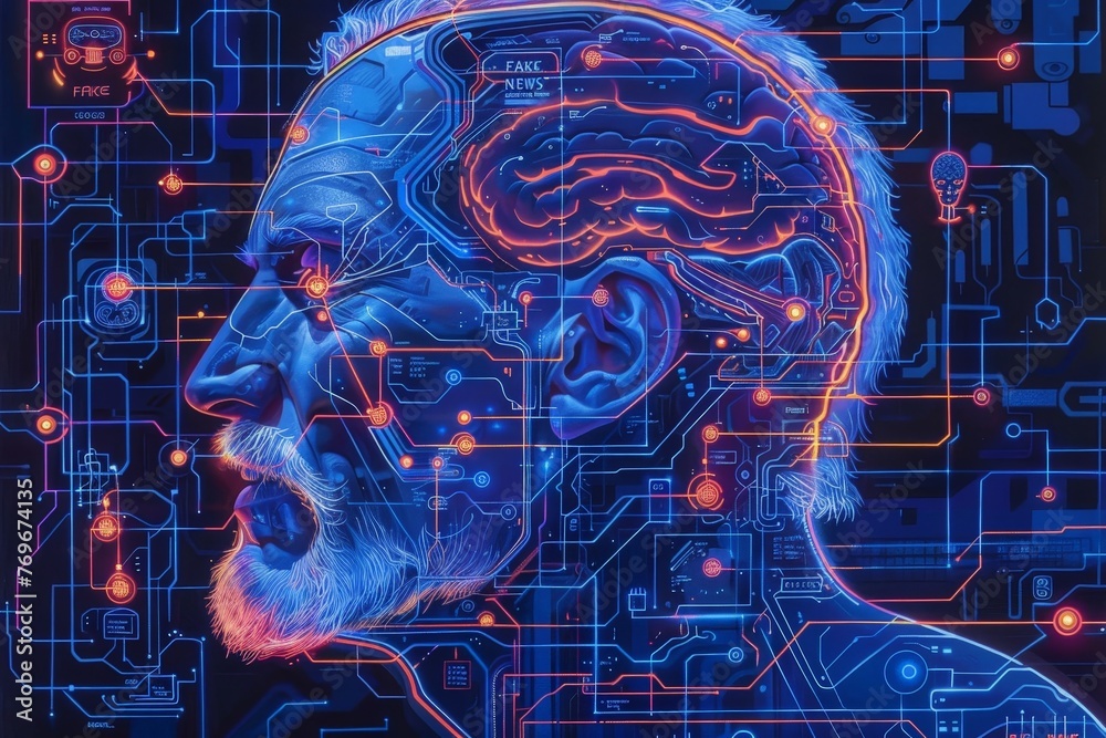 Poster a mans head with a complex circuit board in the background, symbolizing the fusion of human intellig
