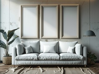 modern living room with sofa Photo Frame Mockup, Empty 3 wall photo frames