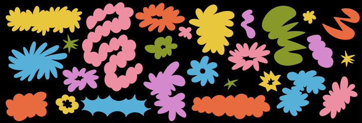 Groovy playful organic shape. Funky abstract cloud and stars. Abstract doodle flowers figure on black background. Sticker pack in trendy retro 90s 00s style.
