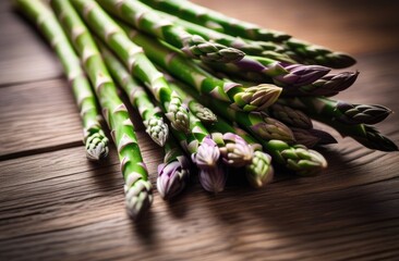 Bunch of fresh green asparagus spears on rustic wooden table. - obrazy, fototapety, plakaty