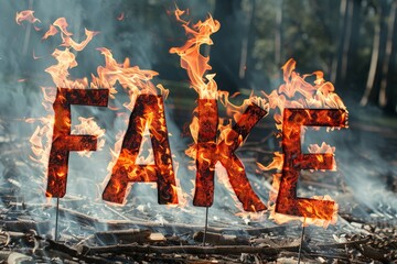 A fire burning with the word fake displayed prominently, symbolizing deceit, illusion, and falsehood - obrazy, fototapety, plakaty
