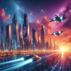 Futuristic city landscape at dusk with flying vehicles.
