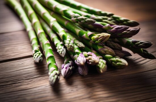 Bunch of fresh green asparagus spears on rustic wooden table.