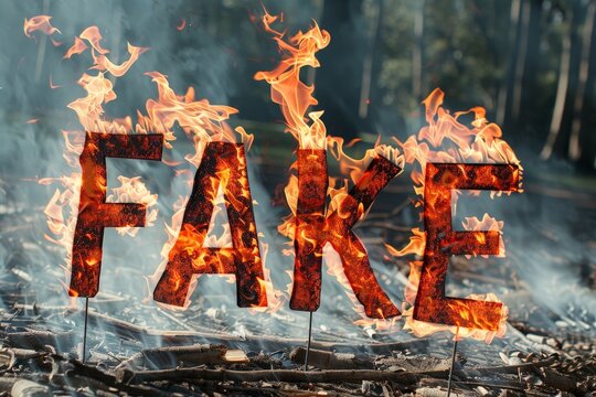 A fire burning with the word fake displayed prominently, symbolizing deceit, illusion, and falsehood
