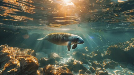 A serene manatee gracefully navigates the pristine waters below a spa, embodying tranquility and wellness. - obrazy, fototapety, plakaty