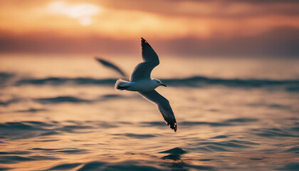 A seagull is flying in the sky above the sea at dawn. Beautiful sky with clouds at sunset.