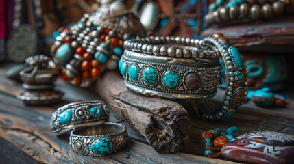 A collection of turquoise bracelets, rings, and beads artistically arranged on weathered wood