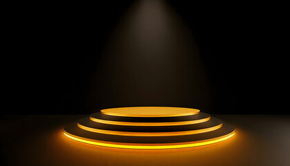 Empty podium with orange line neon on black background. 3d render. Generative AI.