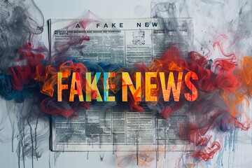A sign labeled fake news emits billowing smoke, symbolizing the spreading of misleading and false information - obrazy, fototapety, plakaty