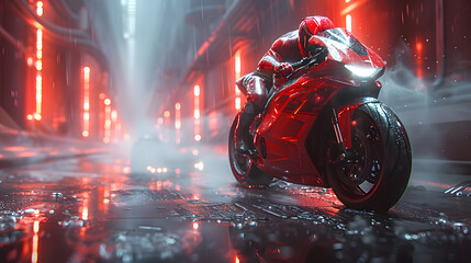 A sleek red sportbike stands in a neon-lit, rain-soaked city street at night, embodying speed and modernity - obrazy, fototapety, plakaty