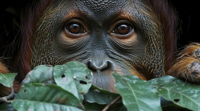 Orangutan peering through a leafy window into a sustainable future, representing visionary leadership and commitment to a healthier planet.