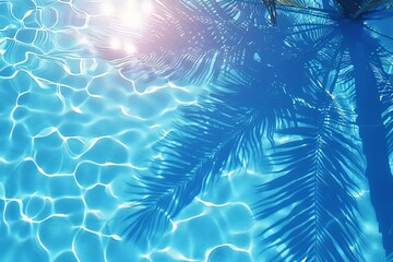 A lush palm tree stands tall in the center of a tranquil pool, its fronds casting a graceful silhouette on the shimmering water