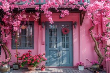Fototapeta na wymiar A charming pink house stands adorned with vibrant pink flowers, its standout feature a striking blue door that adds a pop of color to the serene setting