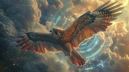 Falcon with its wings spread wide, soaring above a technological utopia, symbolizing vision, ambition, and the aspiration towards a better future in tech innovations. - obrazy, fototapety, plakaty