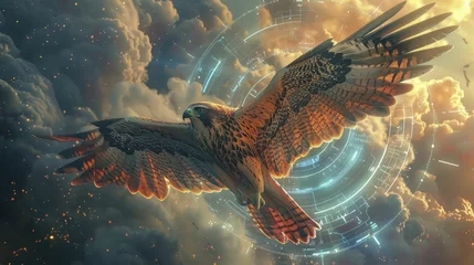 Fotobehang Falcon with its wings spread wide, soaring above a technological utopia, symbolizing vision, ambition, and the aspiration towards a better future in tech innovations. © Manyapha