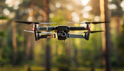 Black Drone Hovering in the Air Surrounded by Blurred Trees in a Natural Setting