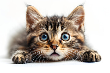 Surprised kitten with wide eyes lying down. Domestic animal emotions concept for design and print. Studio pet portrait isolated on white background