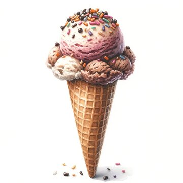 Ice cream in vaffel cone, isolated element on white background, watercolor illustration, summer, hot, sweet, dessert