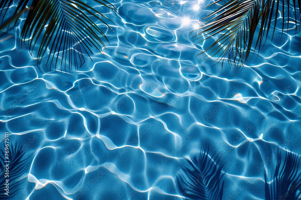 Poster serene pool reflecting the clear blue sky, surrounded by lush palm trees gently swaying in the breez