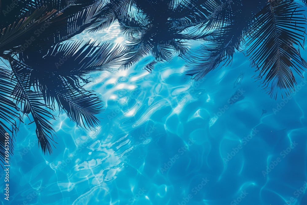 Poster Tranquil pool reflecting the azure sky, surrounded by vibrant palm trees swaying in the gentle breeze