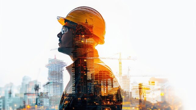 A male engineer stands in front of the city at sunset. Silhouette illustration of a construction worker inspecting a construction building on a white background.
