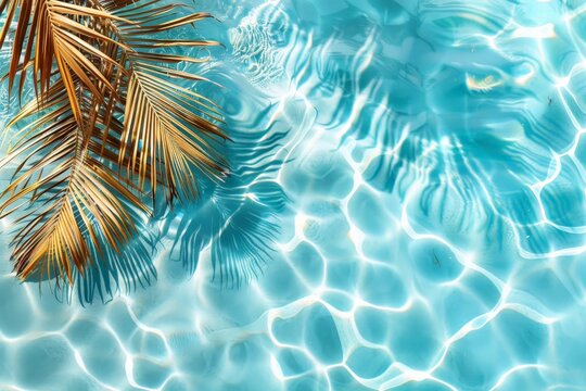 A majestic palm tree stands gracefully on the edge of a tranquil swimming pool, casting a beautiful reflection in the clear water below