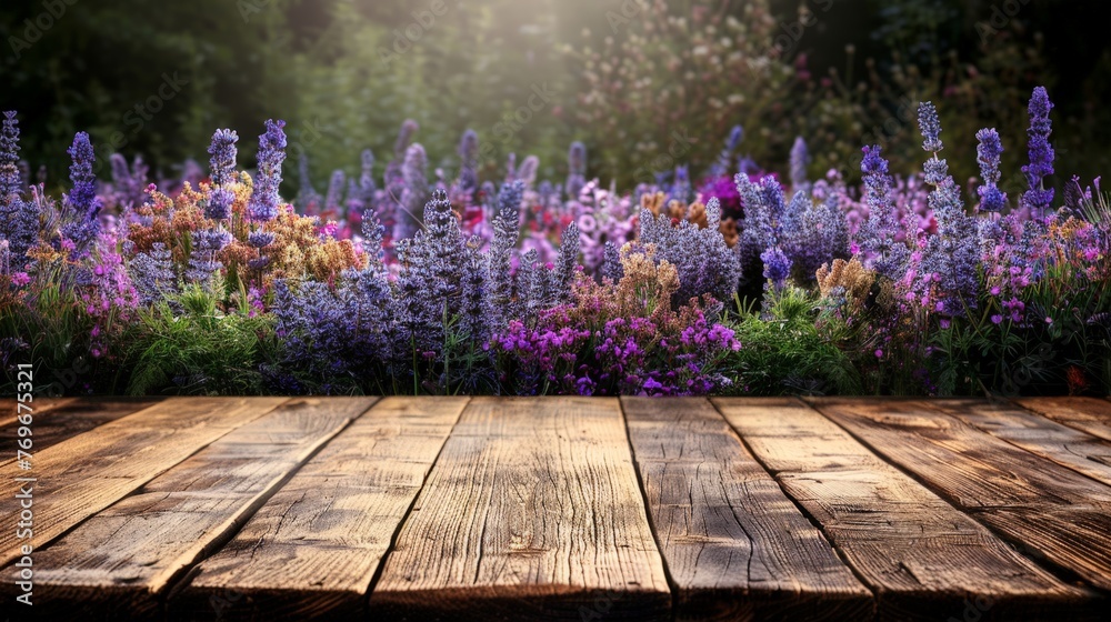 Wall mural A wooden table adorned with vibrant purple flowers stands against a soft, blurred background of more blooming flowers