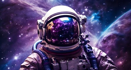Astronaut in space with stars, a galaxy, a purple and blue nebula, and galaxies reflected in his helmet.