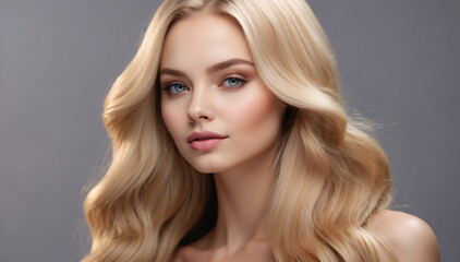 Naklejka premium Model girl with shiny blond smooth healthy hair with long straight and glowing, skin natural beauty smooth skin for Care and hair products 
