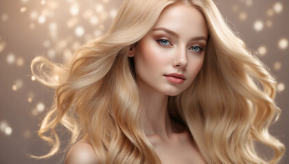 Model girl with shiny blond smooth healthy hair with long straight and glowing, skin natural beauty smooth skin for Care and hair products
