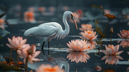 A serene depiction of an ibis in a lotus pond symbolizes tranquility, mindfulness, and inner well-being for wellness brands.