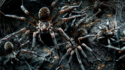 Funnel-web spiders on a dark background. Dangerous insect.