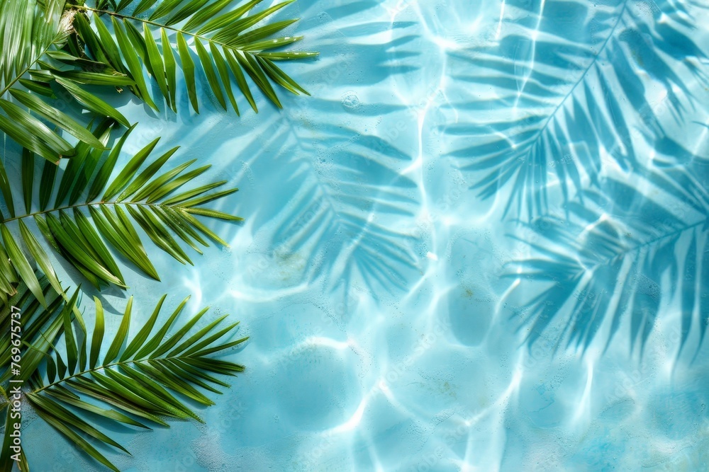 Poster a serene pool glistens under the sun, filled with clear water and adorned with lush palm leaves sway
