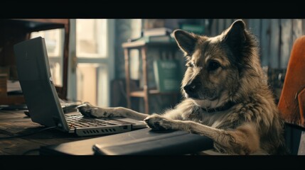 Photo: A dog sitting at a desk in front of a grey laptop. His paws are touching the keyboard as he types.
