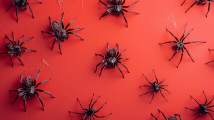 Funnel-web spiders on a red background. Dangerous insect. - obrazy, fototapety, plakaty