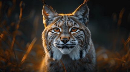 Naklejka premium Lynx with eyes illuminated in the dark, illustrating the ability to discover hidden truths and insights in data analytics services.