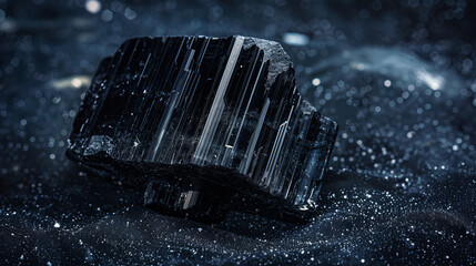 An image showcasing a shiny black mineral with reflective surfaces on a glittering dark background, emphasizing the gemstone's texture and sheen