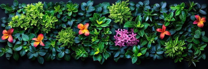 A vibrant green wall adorned with an abundance of colorful flowers and flourishing plants, creating...