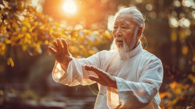Asian senior man practicing tai chi in park