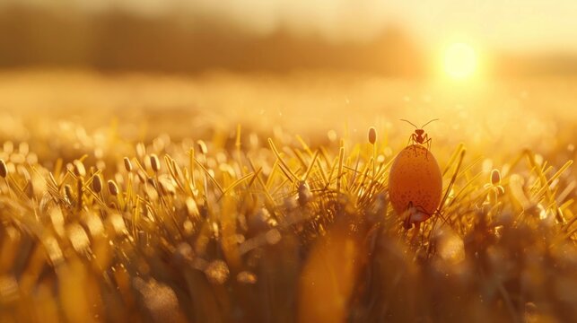 Ant pupa emerging from egg amid summer field, minimalist design , 3D illustration