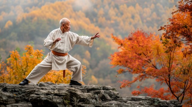 Asian senior man practicing tai chi in park