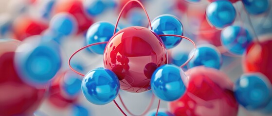 Electrons orbiting a nucleus of red and blue spheres, depicting the fundamental structure of matter , 3D illustration - obrazy, fototapety, plakaty