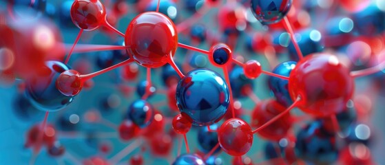 Electrons orbiting a nucleus of red and blue spheres, depicting the fundamental structure of matter , 3D illustration